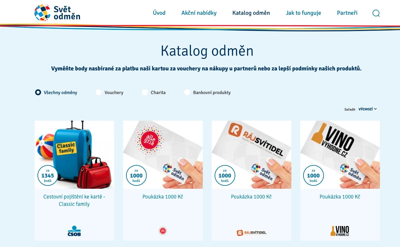 Věrnostní program Svět odměn od ČSOB skončil k 31. 12. 2024.