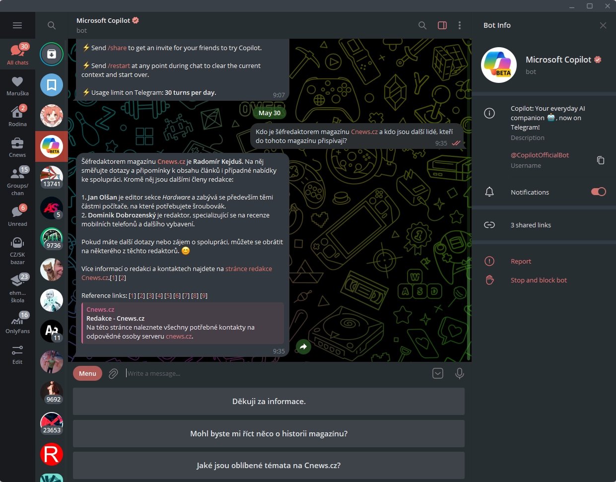 Microsoft Copilot v Telegramu
