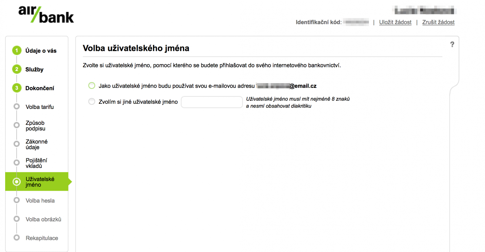 Volba uživatelského jména pro internetové bankovnictví.