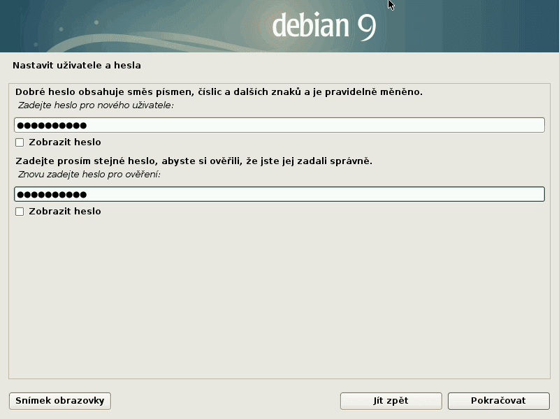 Volba hesla pro uživatele.