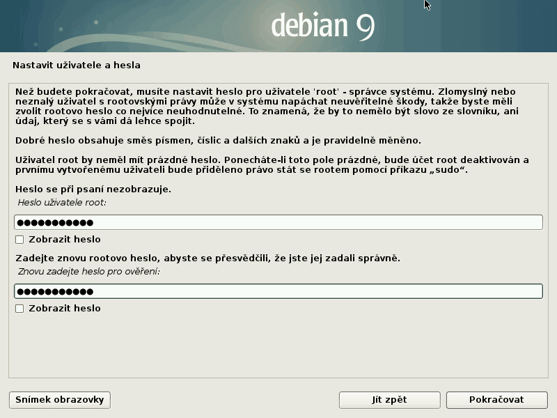 Volba hesla pro roota.