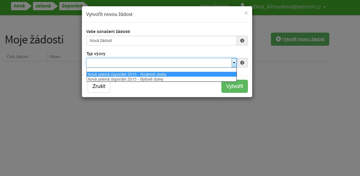Zakládání nové žádosti