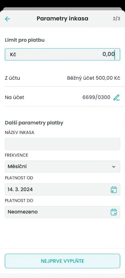 Zadání povolení k inkasu. (14. 3. 2024)