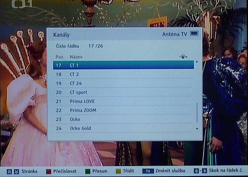 Seznam kanálů vyvoláte přes tlačítko List (OK nemá žádnou funkci), do setřídění kanálů, které vidíte na snímku, se dostanete přes menu.