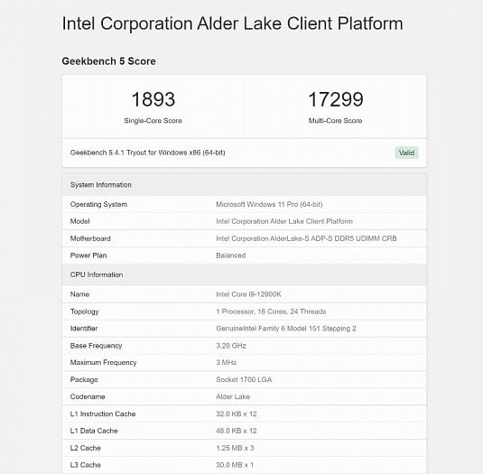 Core i9 12900K v databázi benchmarku Geekbench crop