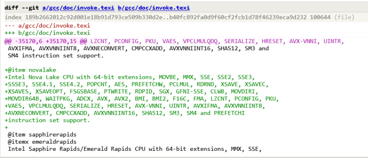 Patch přidávající údaje o podporovaných instrukčních rozšířeních pro procesory Intel Nova Lake