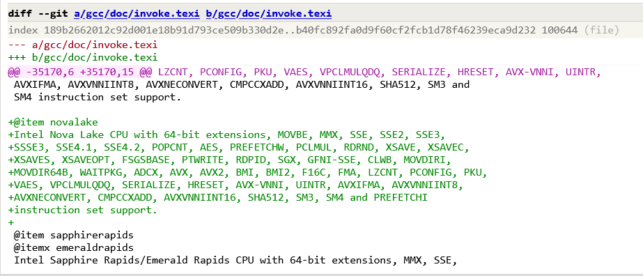 Patch přidávající údaje o podporovaných instrukčních rozšířeních pro procesory Intel Nova Lake