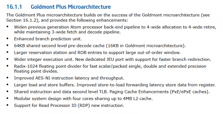Přehled inovací v jádře Goldmont+ v optimalizačním manuálu Intelu
