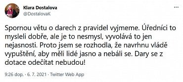 Dostálová na Twitteru ubezpečuje, že sporné znění úředníci mysleli dobře.