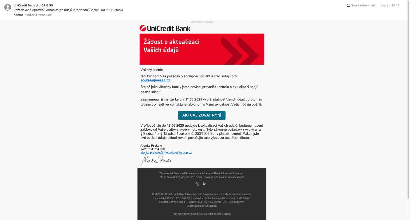 Podvodný e-mail cílící na klienty UniCredit Bank. (12. 05. 2025)