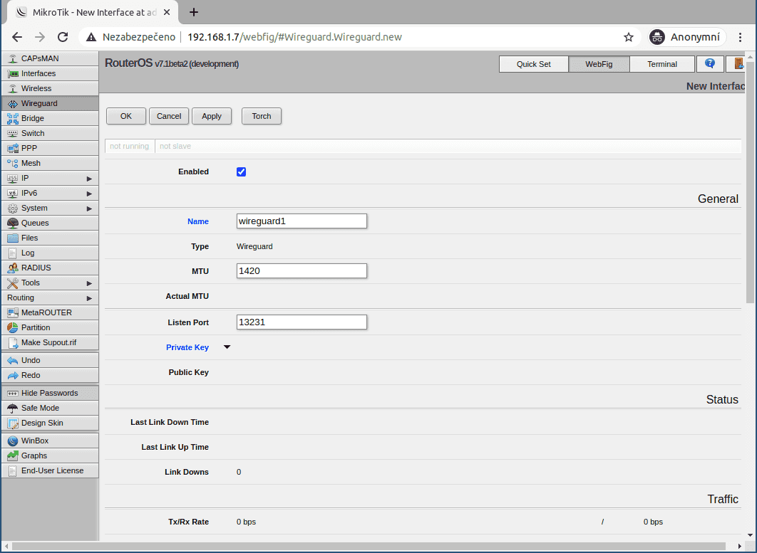 Zvolíme jméno a můžeme změnit výchozí MTU a port. Poté stiskněte Apply.