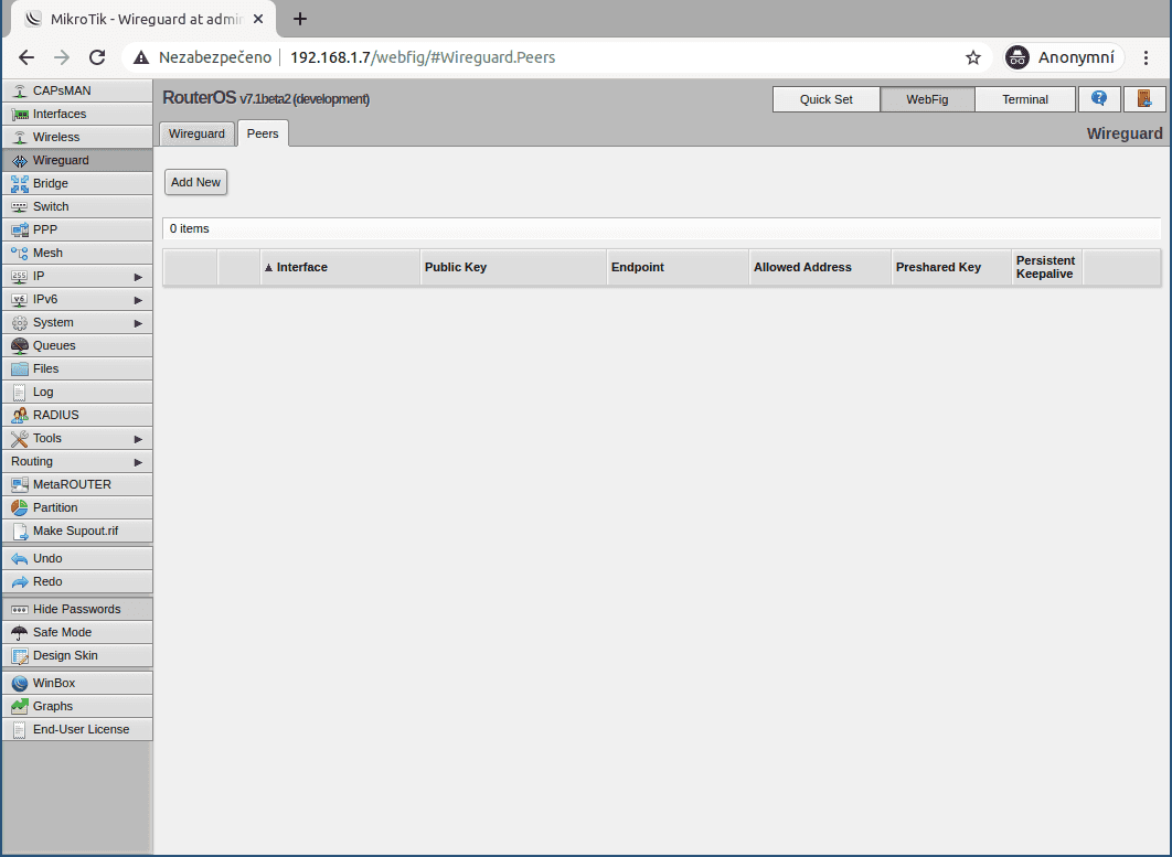 Nyní je potřeba přejít do záložky Peers a přidat alespoň jednoho partnera.