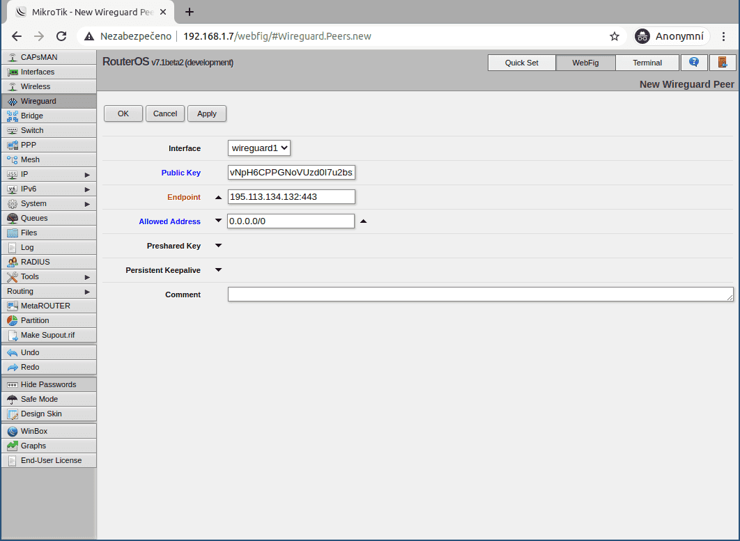 Budeme potřebovat jeho veřejný klíč, volitelně také IP adresu a seznam povolených adres používaných ve VPN.