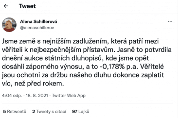 Ministryně financí ve svém tweetu vyzdvihla, jak si naše země, která patří k „nejbezpečnějším přístavům“, levně půjčuje. To, že šlo o eurové dluhopisy, a korunový dlužník nese kurzové riziko, zůstalo nevyřčeno.