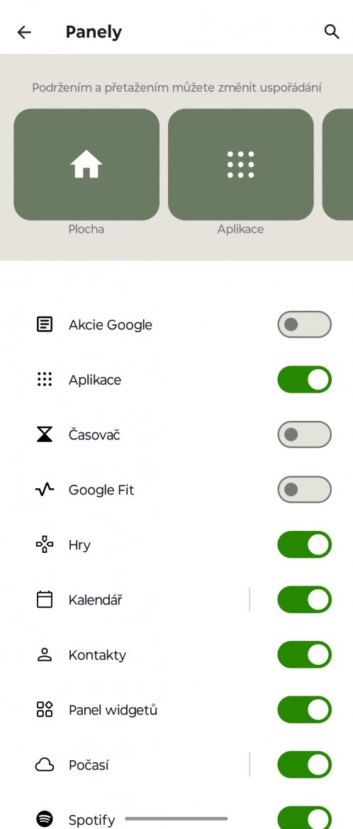 Nastavení panelů u předního displeje