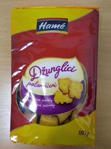 Falšované potraviny - Hamé Džunglíci polomáčení - polomáčené sušenky. Výrobek obsahoval arašídy v množství, které již nelze považovat za stopové. Spotřebiteli tak byla poskytnuta zavádějící informace: "Může obsahovat stopy arašídů".