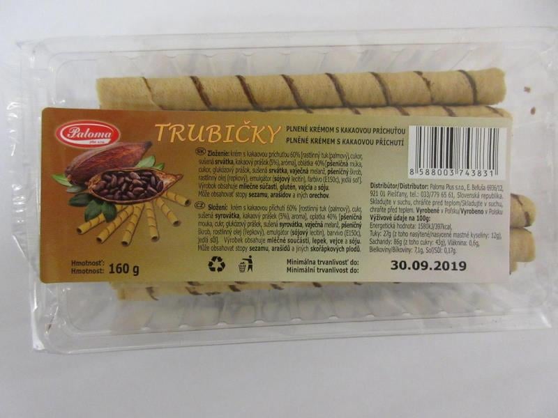 Falšované potraviny - TRUBIČKY plněné krémem s kakaovou příchutí. Výrobek obsahoval arašídy v množství více než 300násobně vyšším, než je považováno za stopy. Spotřebiteli taky byla poskytnuta zavádějící informace: "Může obsahovat stopy ... arašídů..." Výrobek může způsobit zdravotní komplikace lidem alergickým na arašídy.
