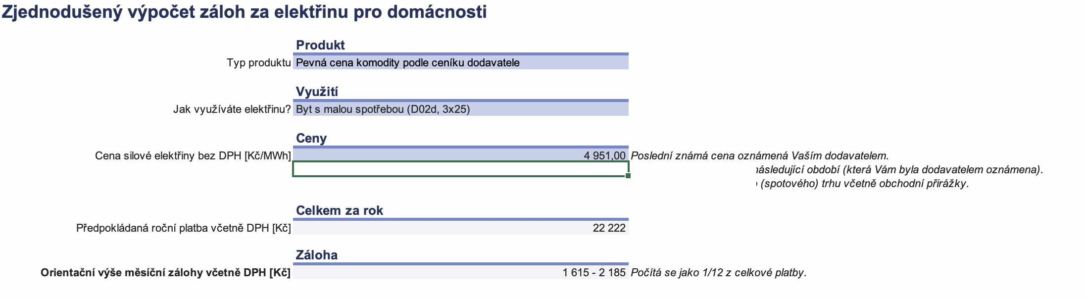 Zjednodušený výpočet záloh za elektřinu pro domácnosti - kalkulačka ERÚ