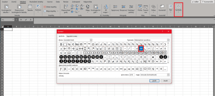 Kde najít symbol nekonečno v Excelu