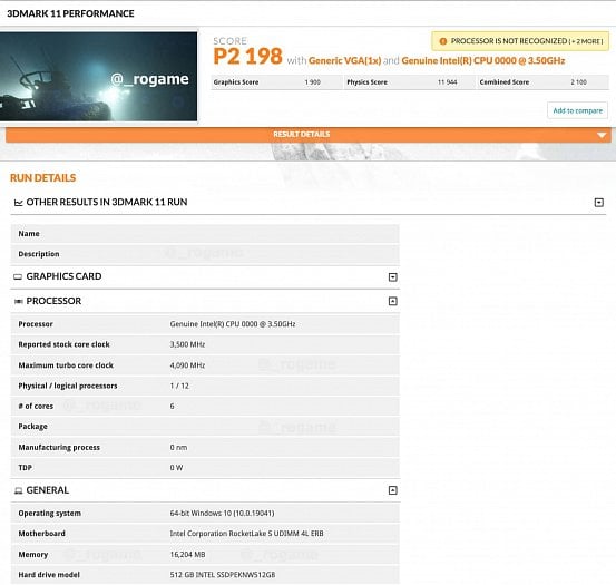 Možný únik vzorku procesoru Rocket Lake v 3DMarku 11 Zdroj rogame