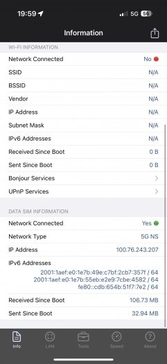 Autor: Radek Zajíc, screenshot Screenshot obrazovky iPhone s přiřazenou IPv6 adresou