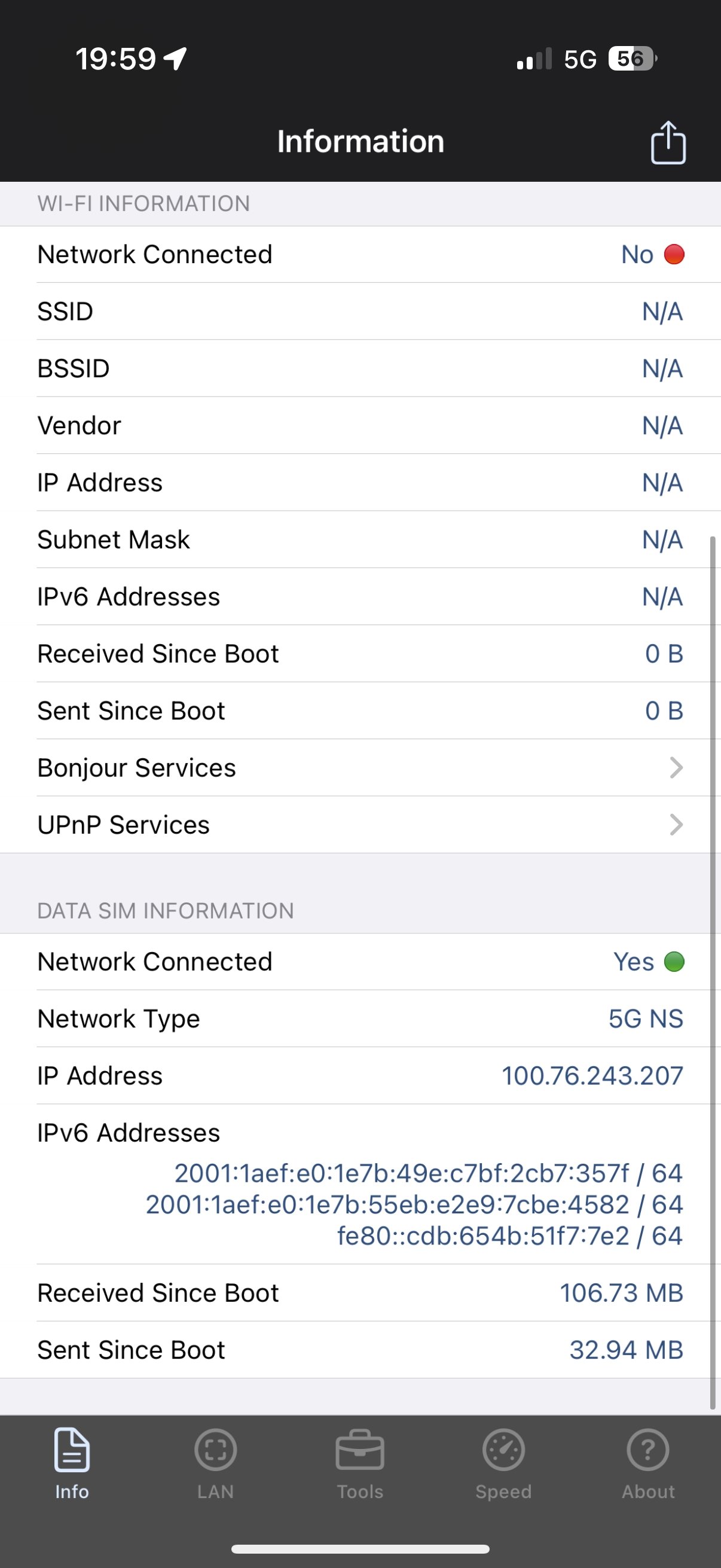 Screenshot obrazovky iPhone s přiřazenou IPv6 adresou
