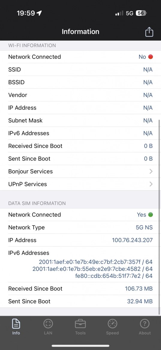Screenshot obrazovky iPhone s přiřazenou IPv6 adresou