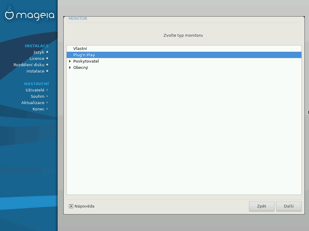 Možnosti nastavení monitoru, pokud by nefungoval automaticky.