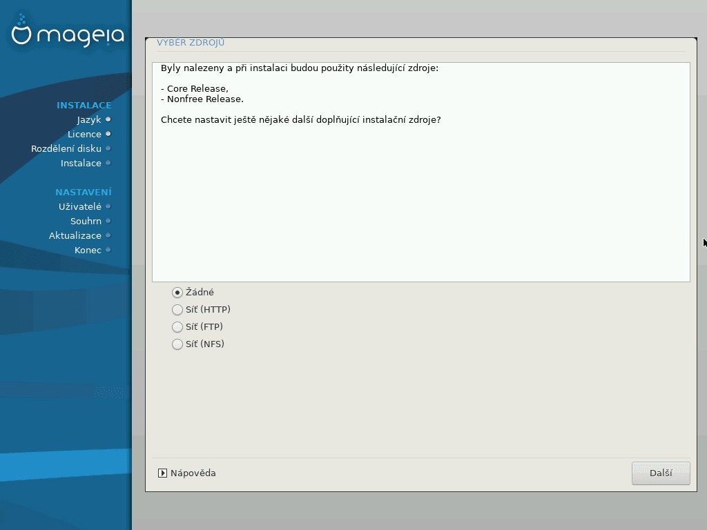 Možnost přidání dalších repozitářů pro účely instalace.
