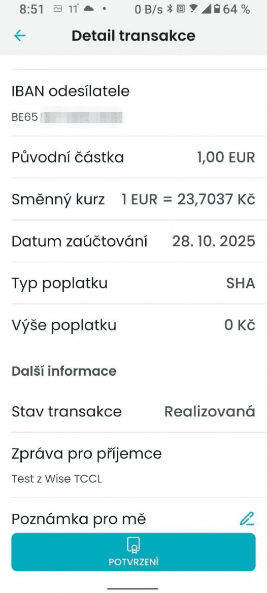Příchozí SEPA platba (EUR) na CZK účet do Partners Banky přes původní BIC
TCCLGB3LXXX.