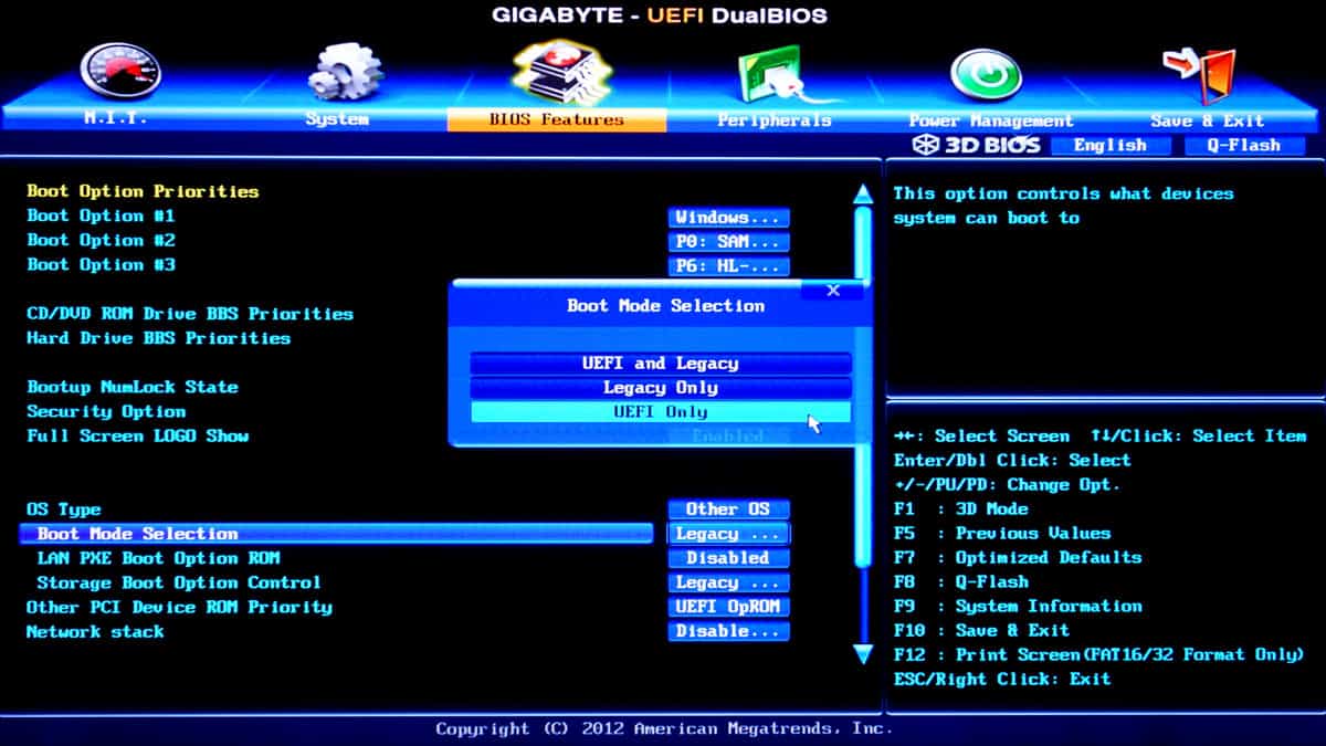 Rozhraní pro nastavení UEFI na desce Gigabyte. Jedna z novinek, kterou UEFI přineslo, bylo používání grafického režimu a ovládání myší, hlavní novinky proti tradičnímu BIOSu jsou ale pod pokličkou