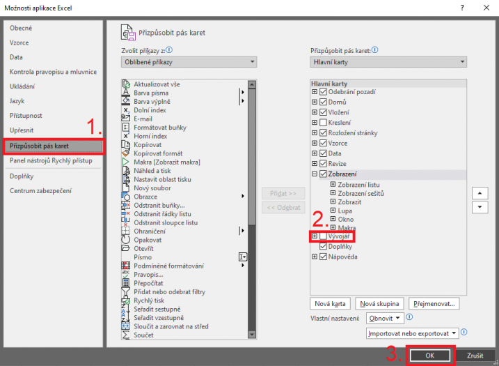 Povolení okna Vývojář v Excelu 2. část
