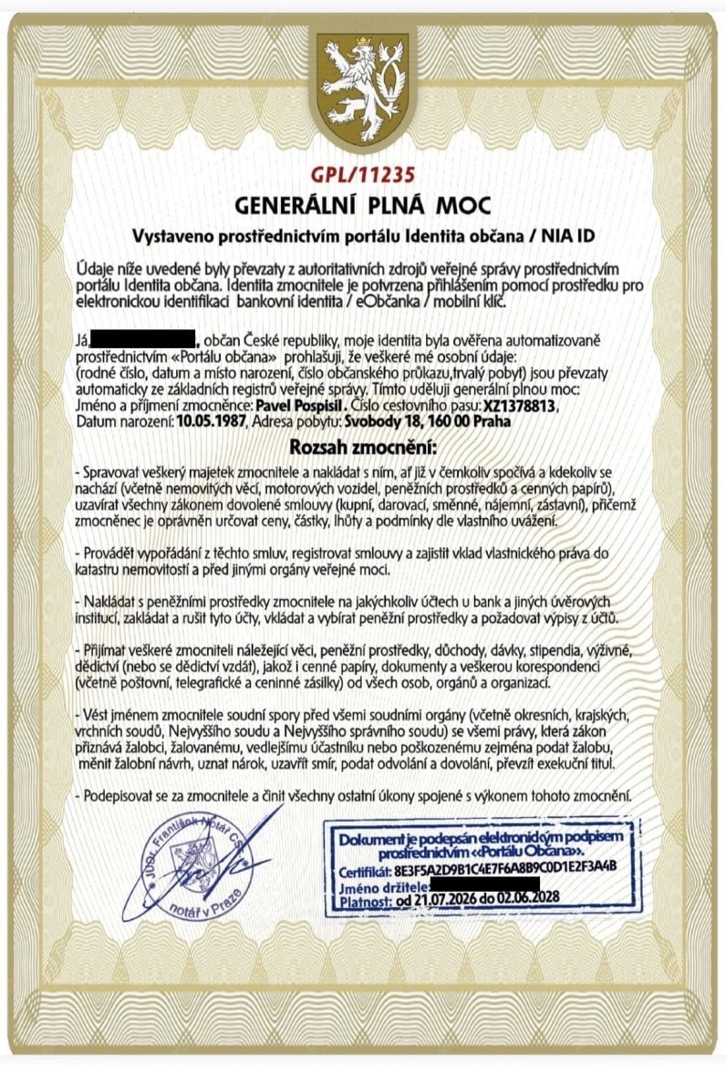 Podvodný dokument s neexistující "plnou mocí" obsahuje řadu pravopisných, gramatických, slohových i faktických chyb. (26. 07. 2026)