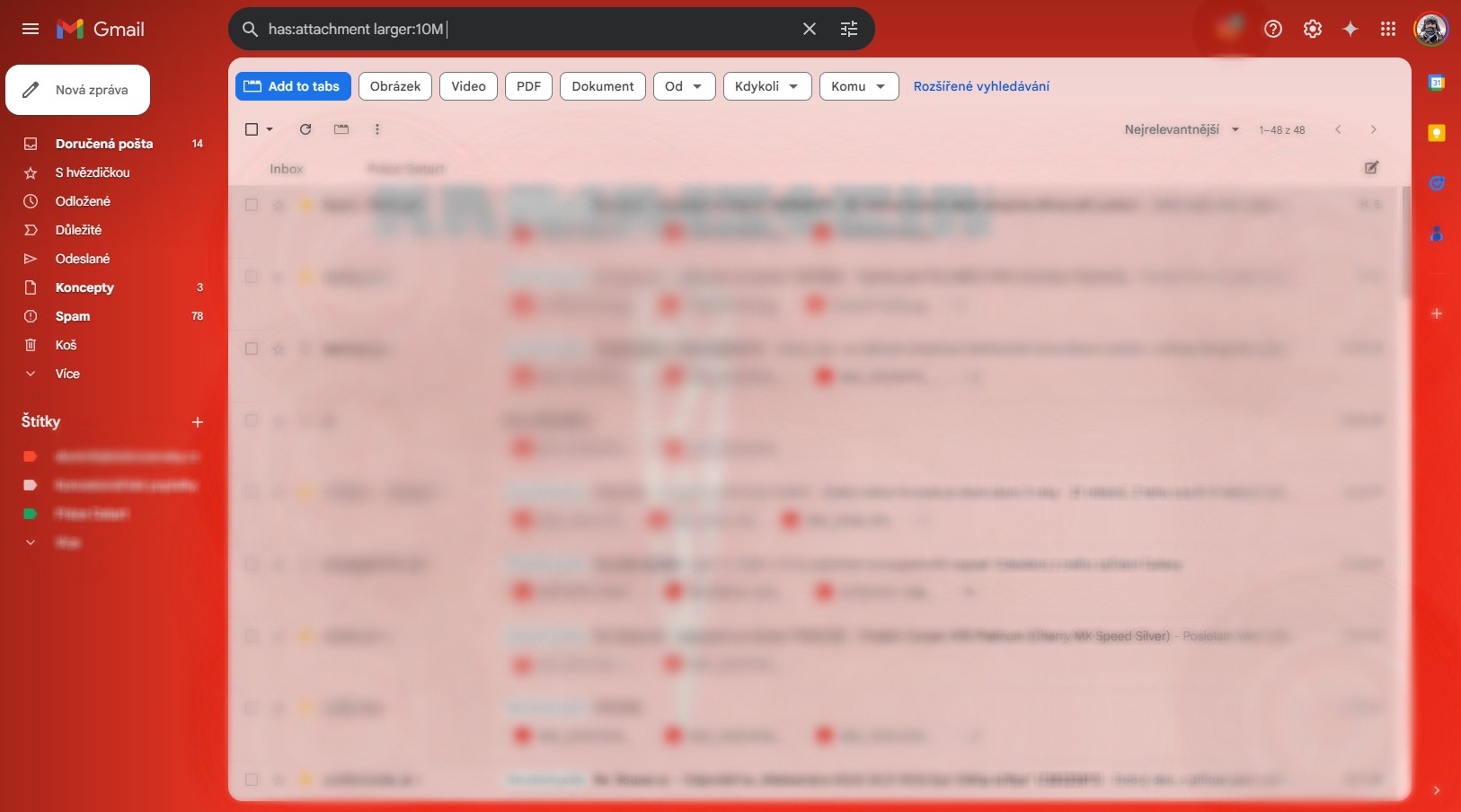 Gmail nabízí snadnou filtraci velkoobjemných příloh
