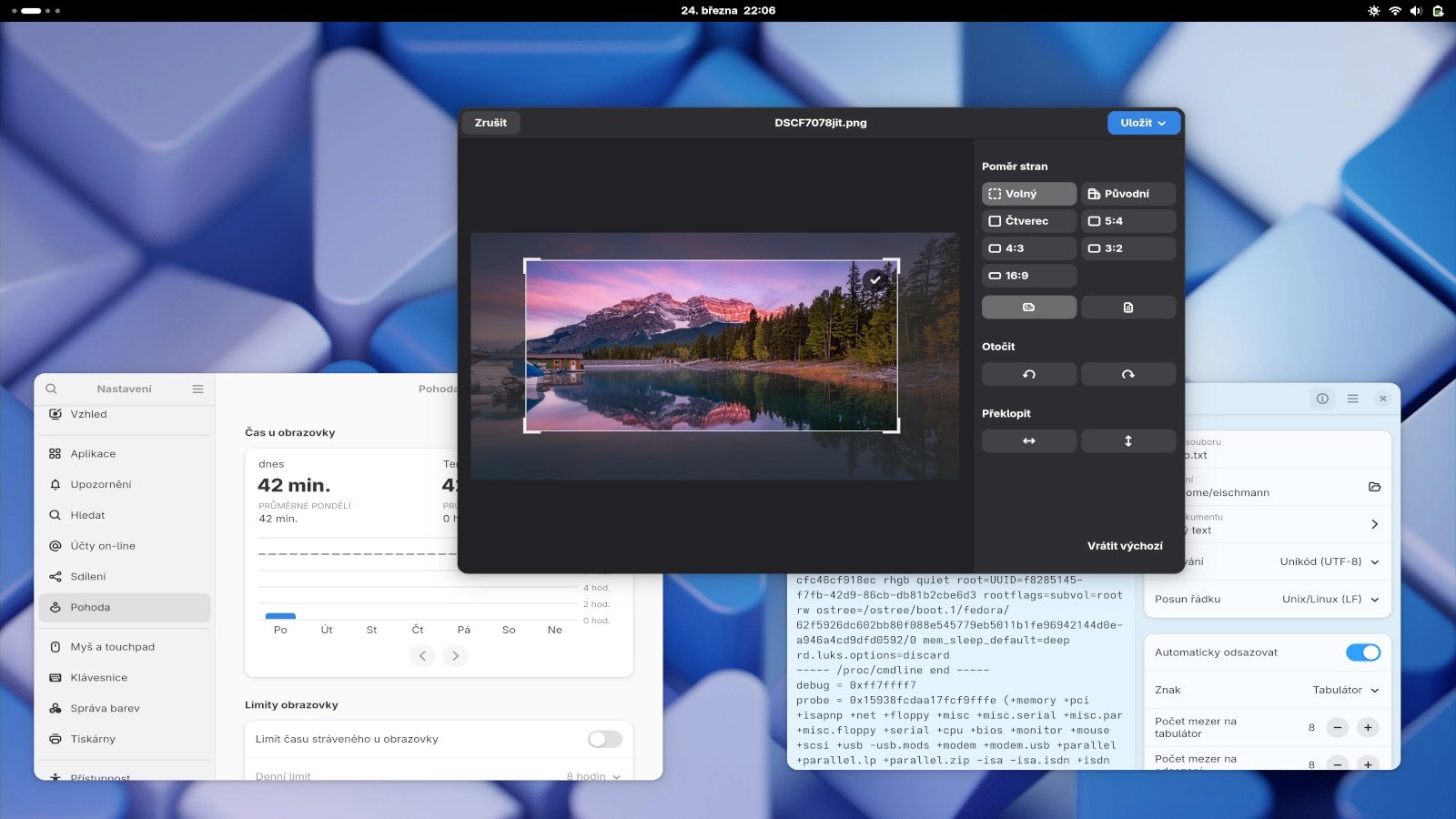 Plocha desktopového prostředí GNOME s několika aplikacemi