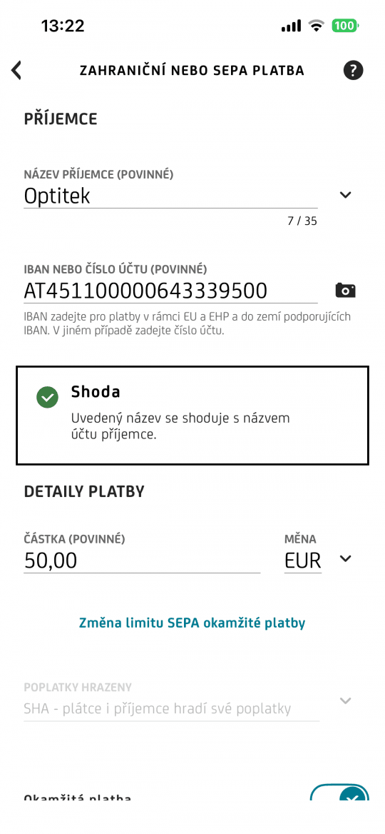 Ověření příjemců SEPA plateb