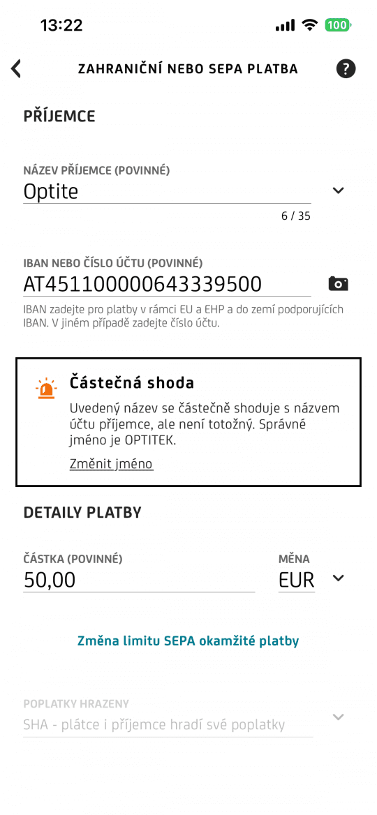 Ověření příjemců SEPA plateb