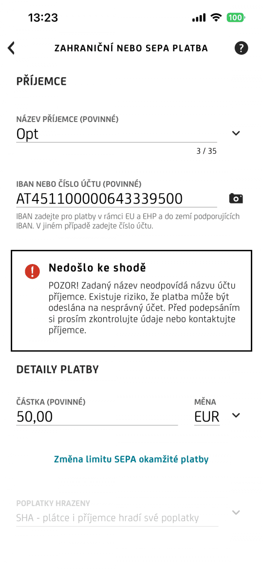 Ověření příjemců SEPA plateb