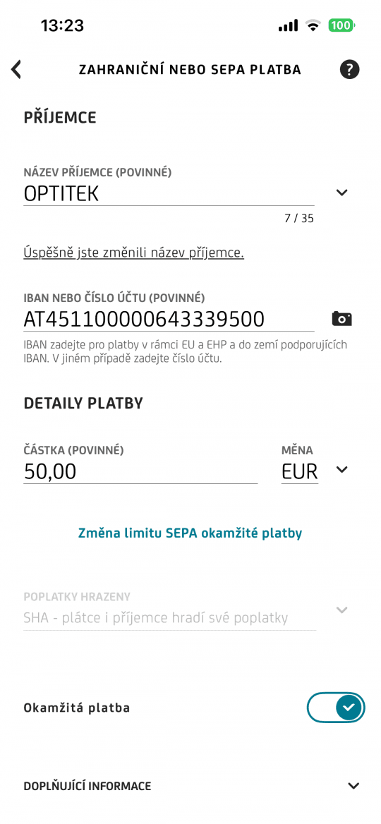 Ověření příjemců SEPA plateb