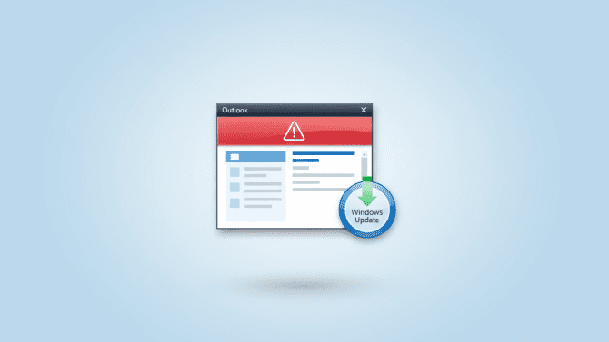 Ilustrace problému s aplikací Outlook po aktualizaci Windows KB5074109 – okno Outlooku s varovným symbolem vedle ikony Windows Update stahující opravu, barevné schéma v modrých tónech s červeným a zeleným zvýrazněním