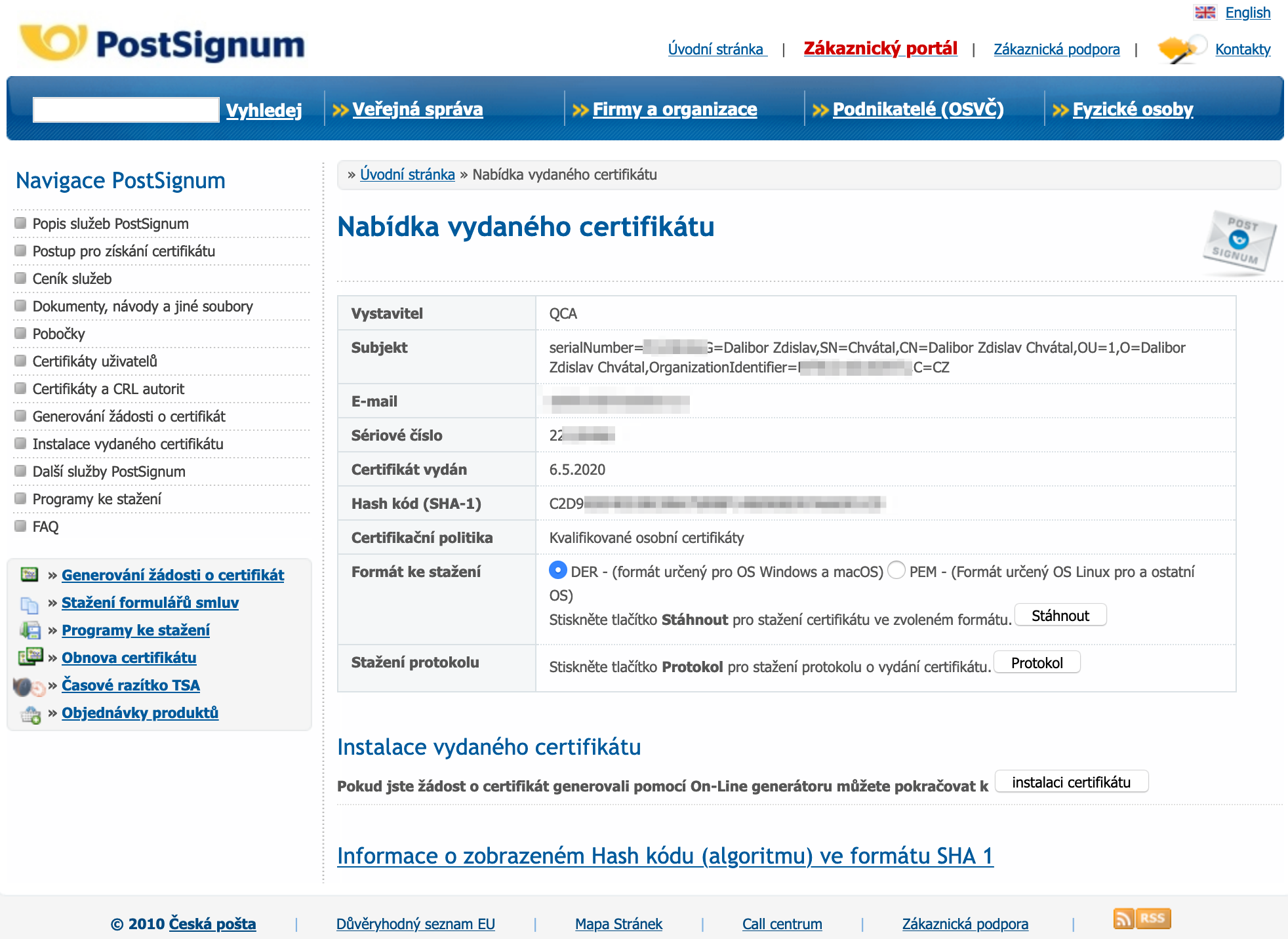 Kvalifikovaný certifikát, lidově elektronický podpis. Proces vyzvednutí přes web České pošty.