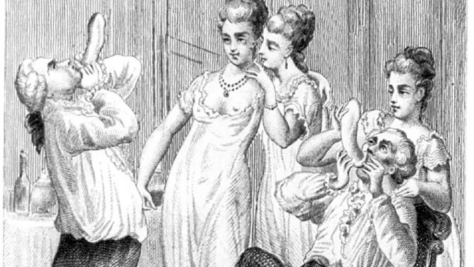 Giacomo Casanova zkouší pomocí nafukování, zda kondomy nejsou děravé, obrázek z jeho pamětí