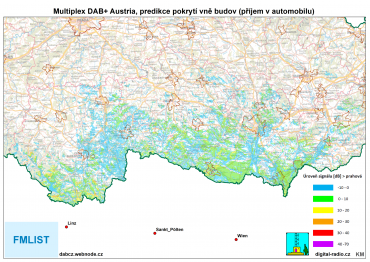 Predikce pokrytí DAB+ Austria vně budov