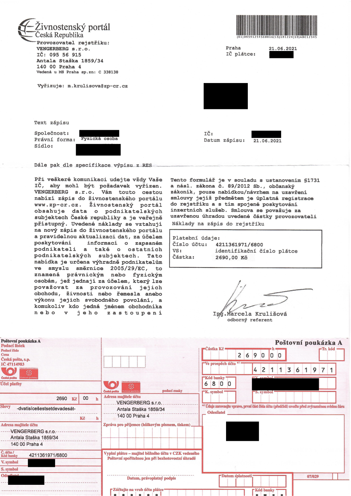 Dopis od VENGERBERG, s.r.o., IČO 09556915. Firma vznikla 01. 10. 2020 (08/2021)