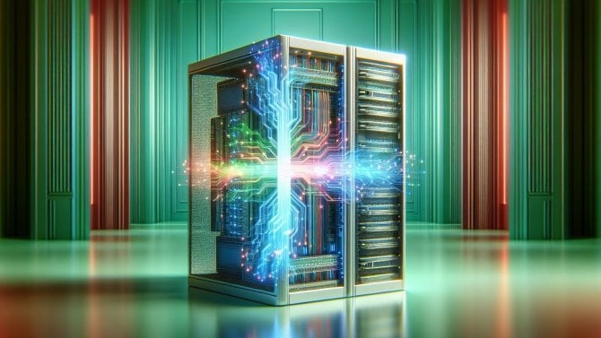 Superpočítač. mátově zelené pozadí, jasné blikající čáry