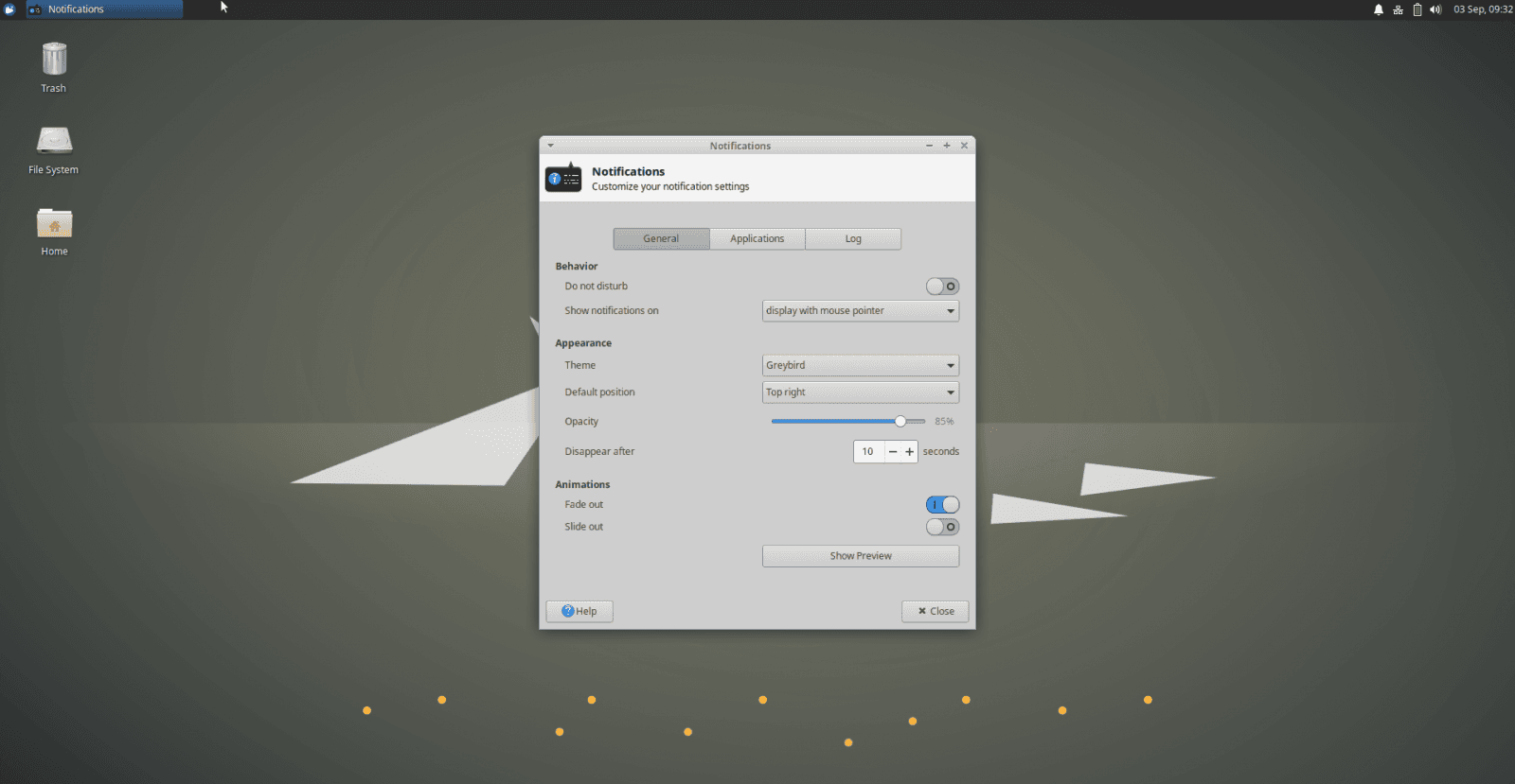 Dialog pro nastavení možností notifikací.