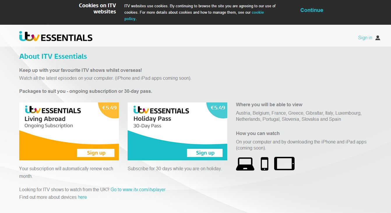 ITV Essentials - seznam zemí