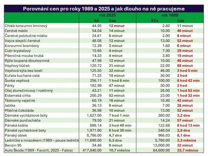 Porovnání cen v roce 1989 a 2025 a jak dlouho na ně pracujeme