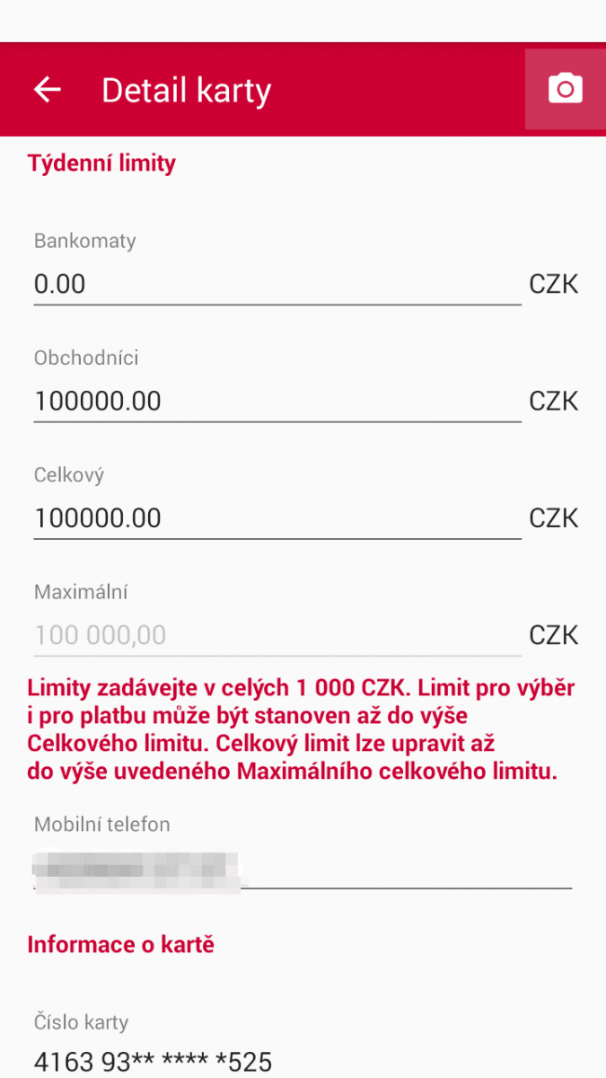 Limity NFC karty Komerčky si můžete nastavit.