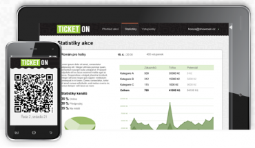 Ticketon: vstupenka na displeji mobilu v podobě QR kódu a statistika prodejů na webu v administrační části.